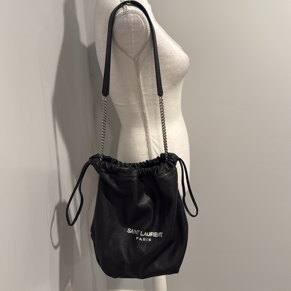 YSL Saint Laurent Teddy Bucket Bag Leather Logo Drawstring Crossbody + Pouch - Picture 9 of 16